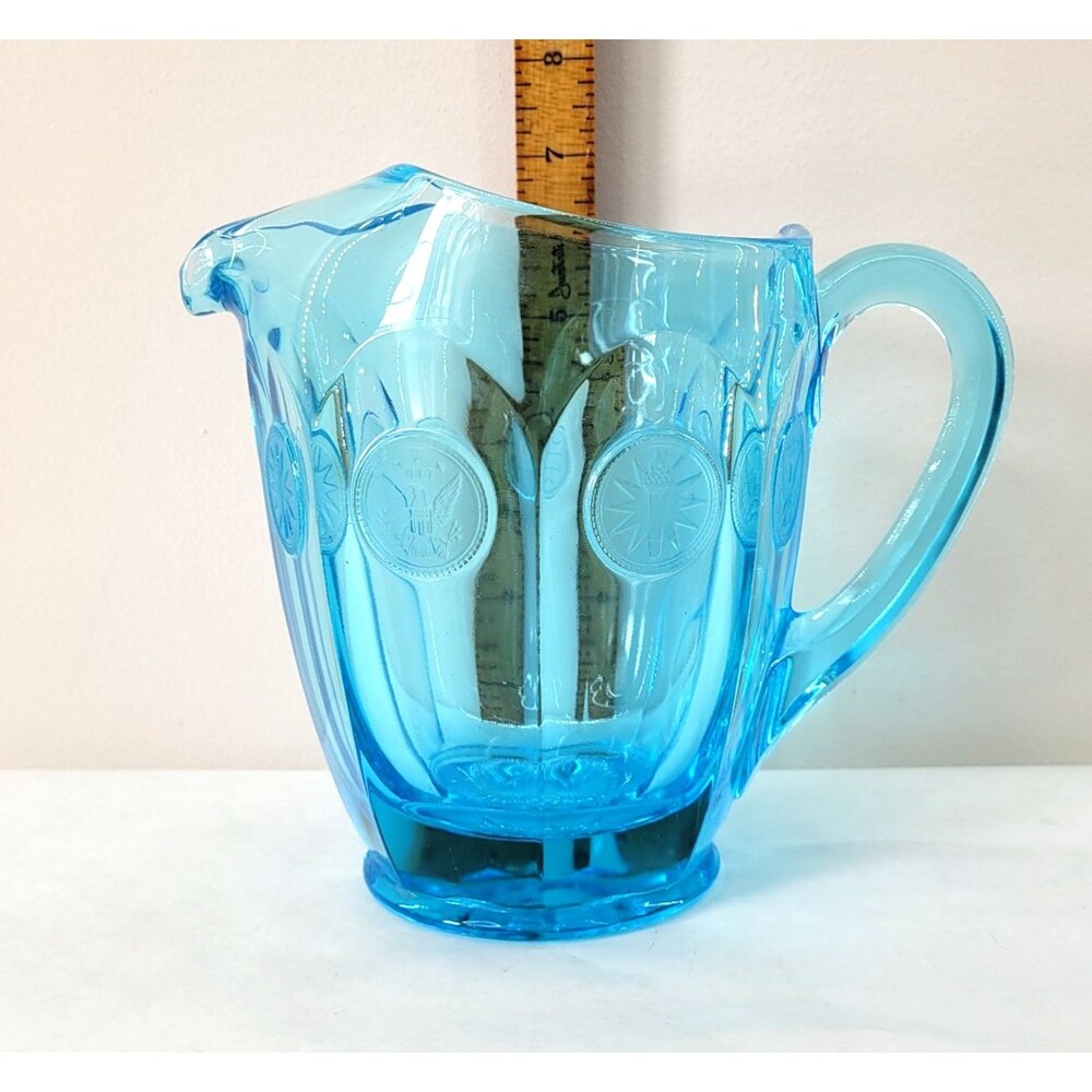 Coin Dot BLUE Glass Pitcher 32oz Frosted Eagle & Torch Coins Vintage Fostoria